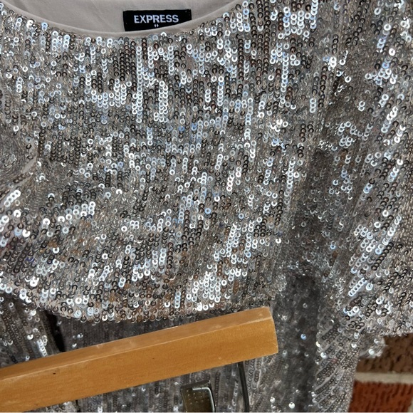 Express Champagne Rose Gold Glittery Sequin Spaghetti Strap Flounce Top - Picture 4 of 6